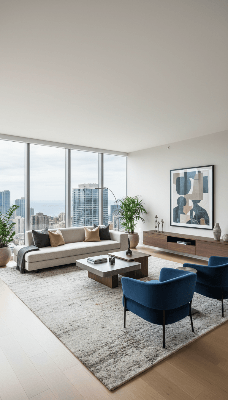 Modern luxury corner condo interior with contemporary finishes and large windows