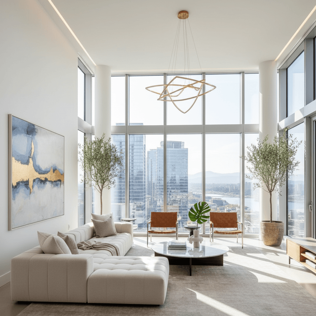 Floor-to-ceiling windows with bright natural light and high ceilings