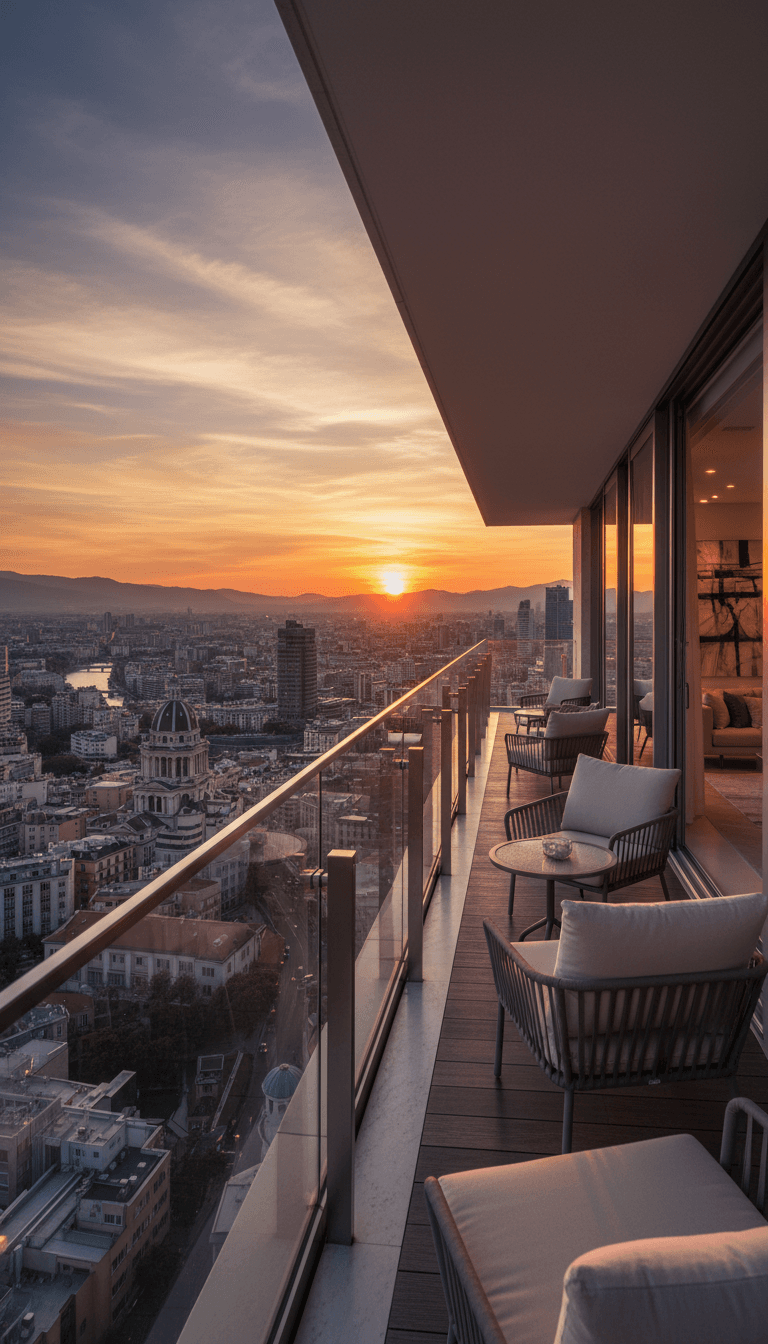 European-style balcony with northwest sunset views over Toronto