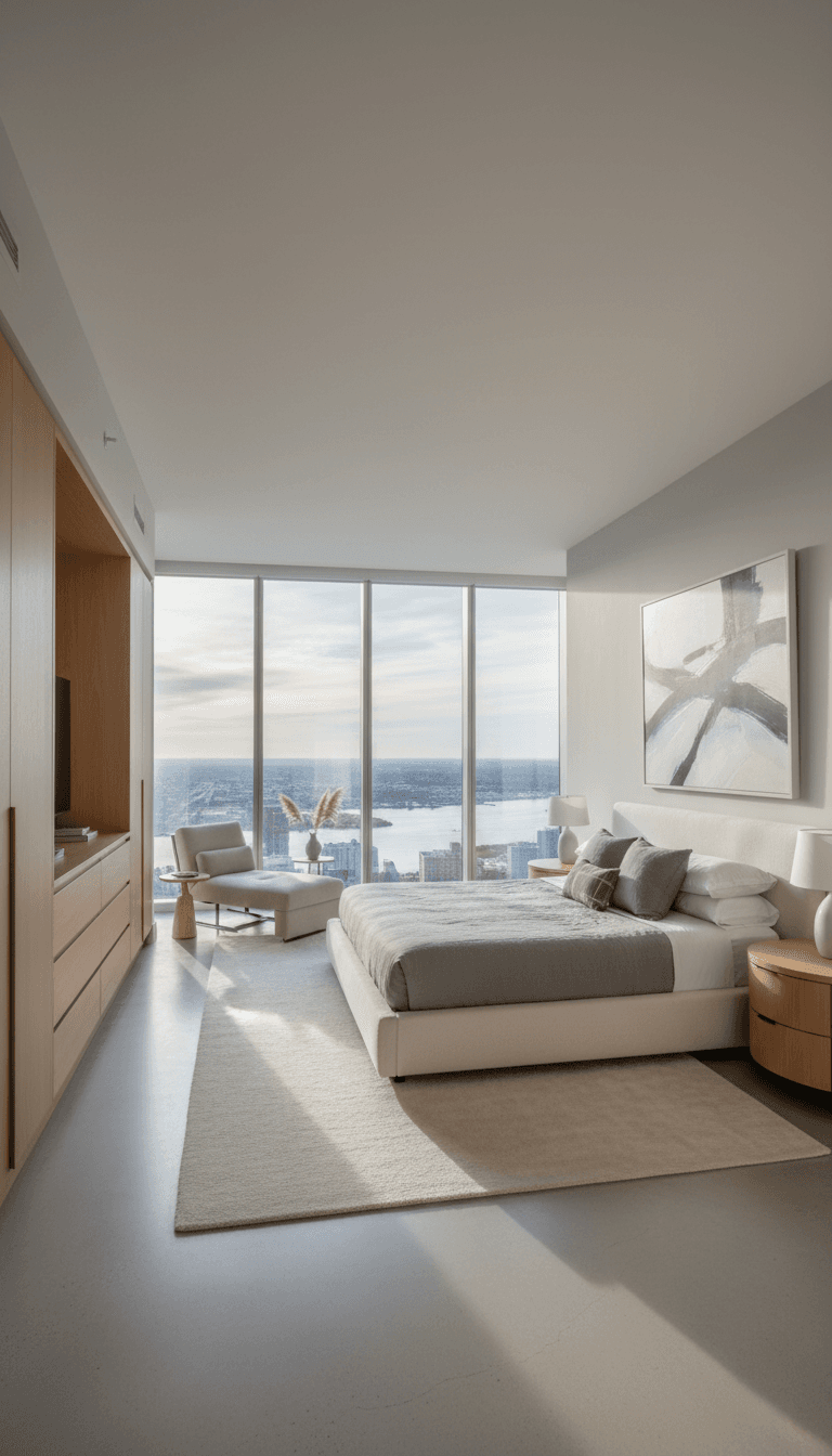 Primary bedroom with large windows and contemporary finishes