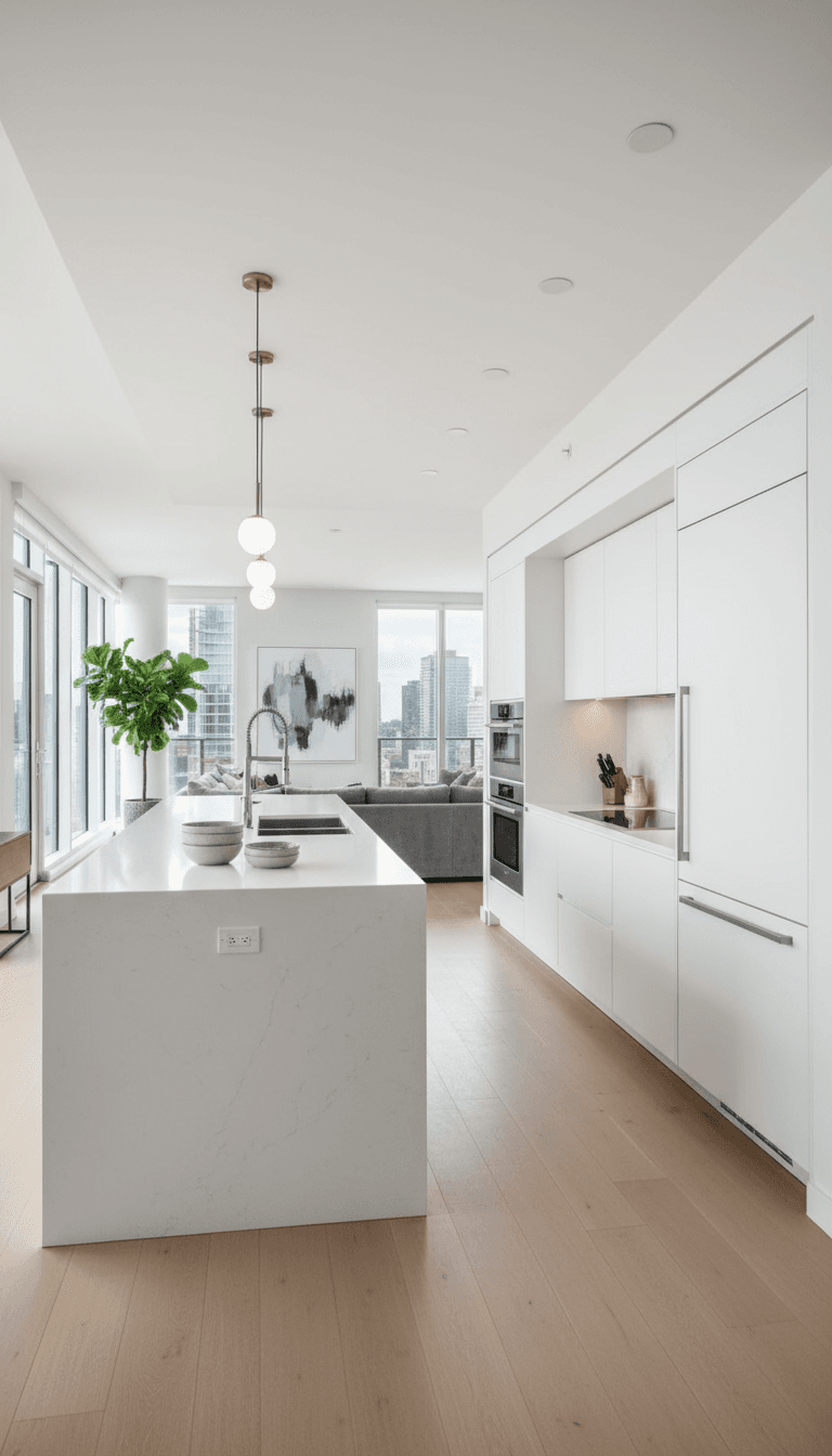 Modern kitchen with white cabinetry and island seating