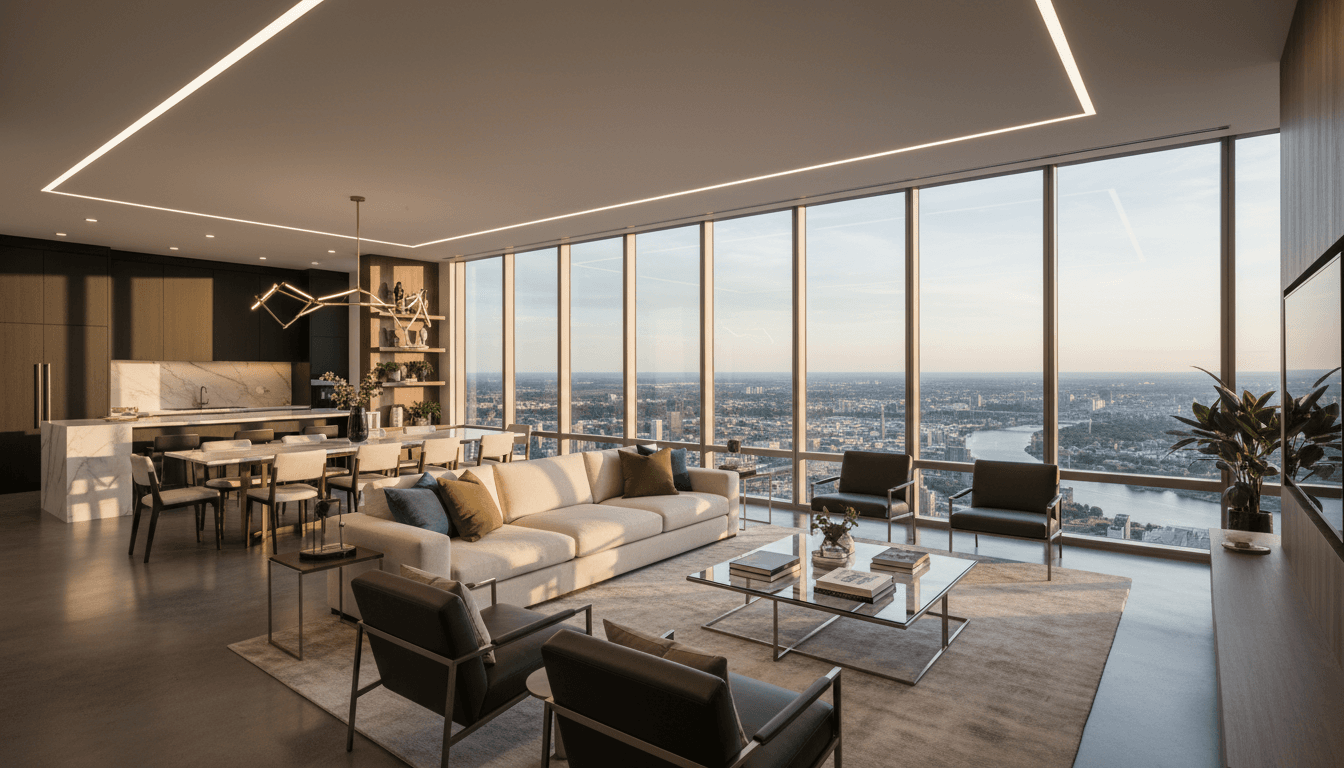 Modern luxury condominium interior with floor-to-ceiling windows and contemporary furnishings
