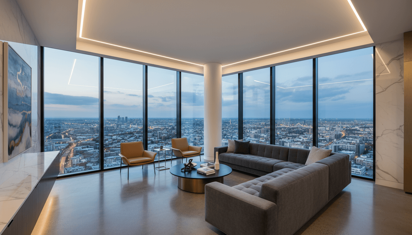 Suite 1415 modern luxury corner condominium with floor-to-ceiling windows and contemporary interior design