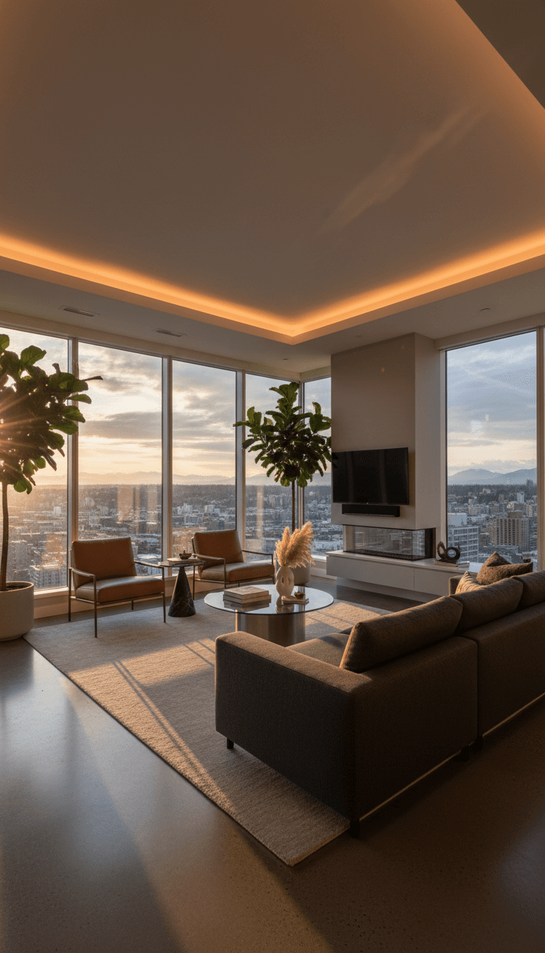 Corner living room with expansive windows and golden sunset views