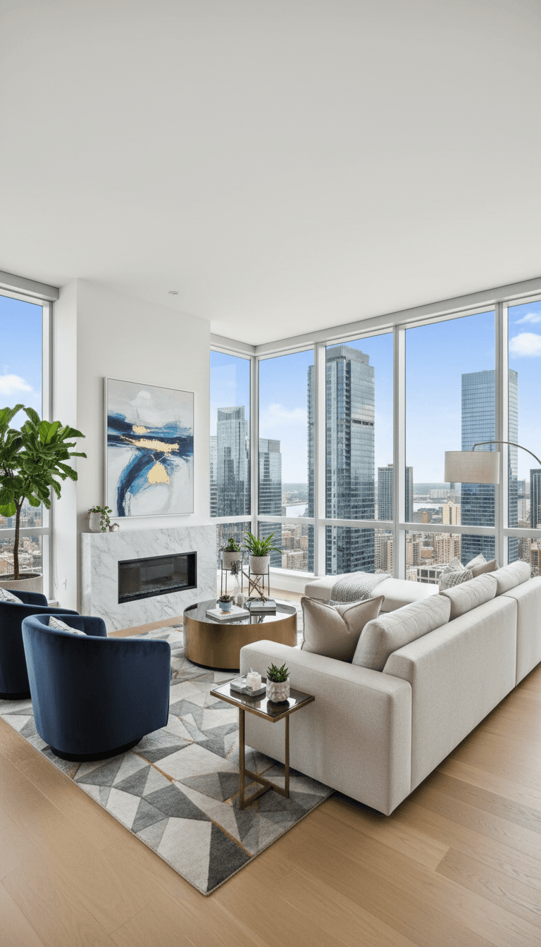 Corner condo living room with floor-to-ceiling windows and contemporary finishes
