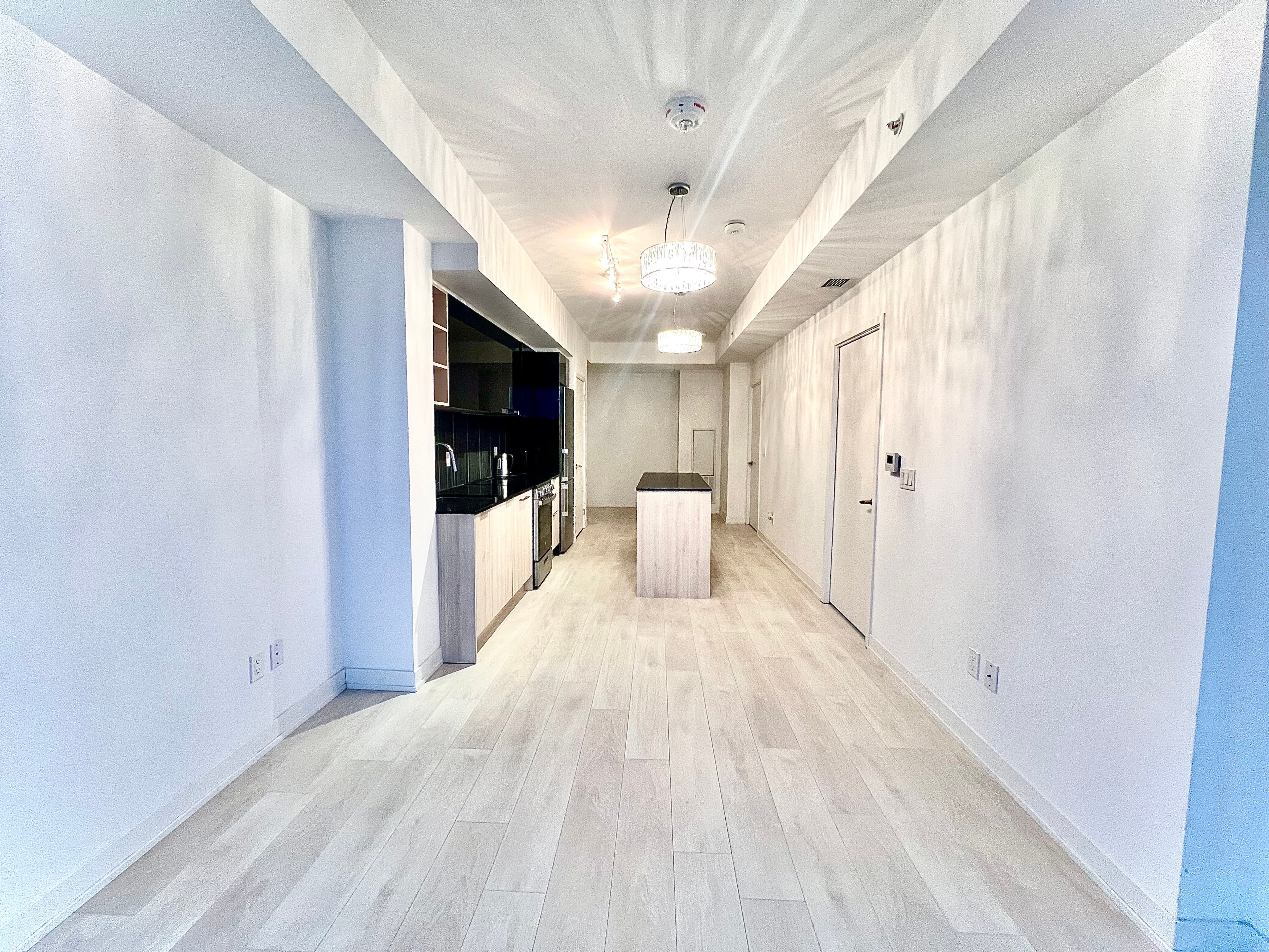 Modern narrow kitchen featuring light wood floors, white walls, black cabinetry, and a central island.