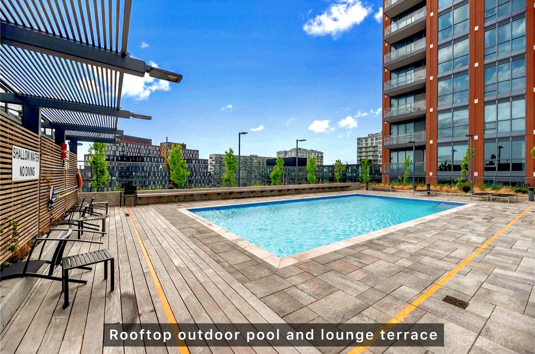 Rectangular rooftop swimming pool with a wooden deck, lounge chairs, and city skyline views.